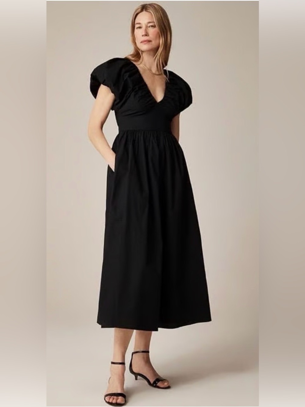 J Crew Collection- Black Cecily dress, V-Neck Puff Sleeve Midi Pockets